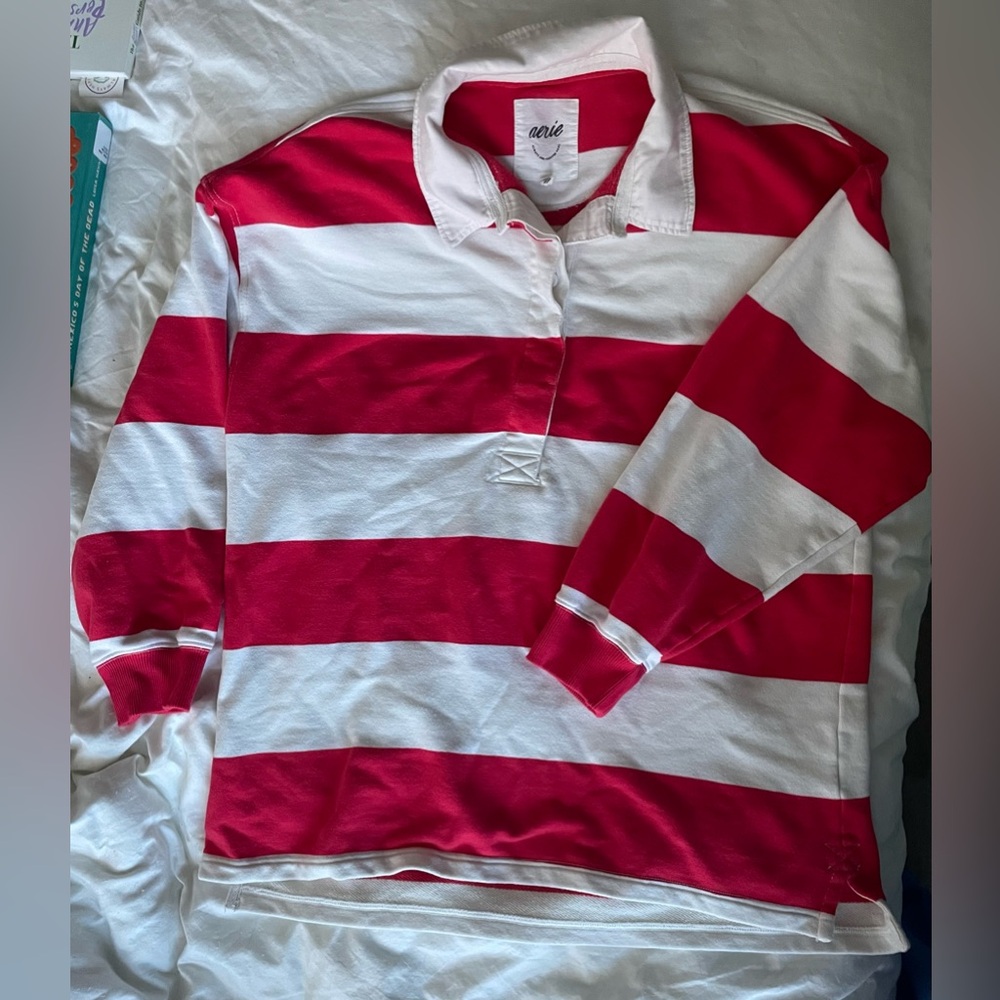 aerie Red and White Striped Rugby Shirt